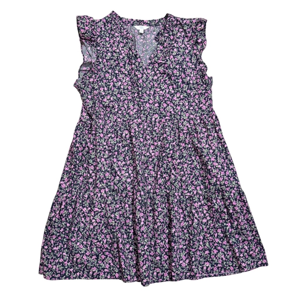 Time and Tru Womens Floral V-Neck Ruffle Sleeve Cotton Midi Dress Navy Pink L